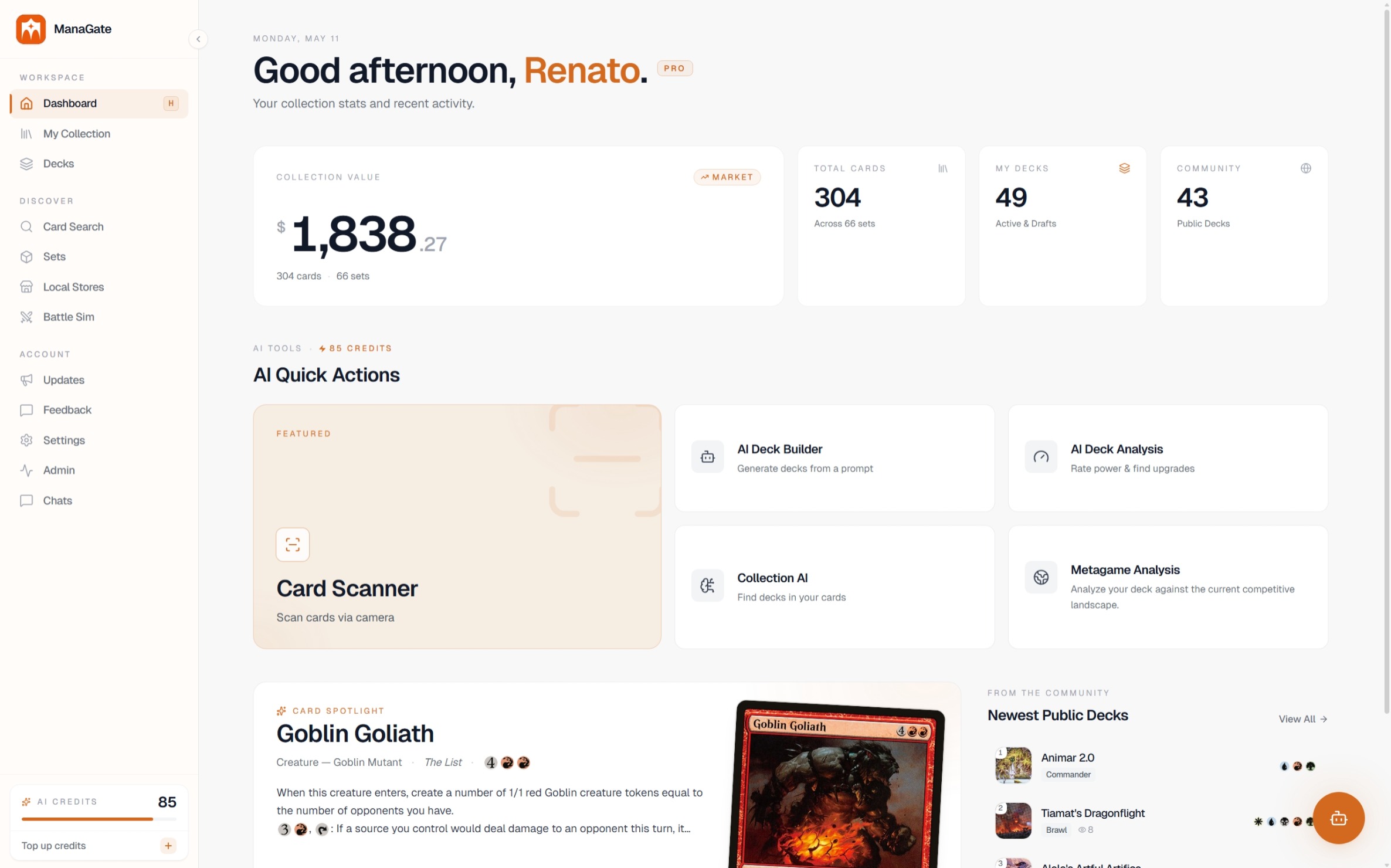 ManaGate app — deck builder and collection manager interface